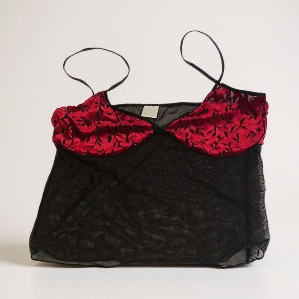 Vintage Y2K Sheer Red & Black Lace Trim Cami Top Size M